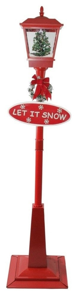 70.75" Musical Red Holiday Street Lamp With Snowfall and Christmas Tree Lantern