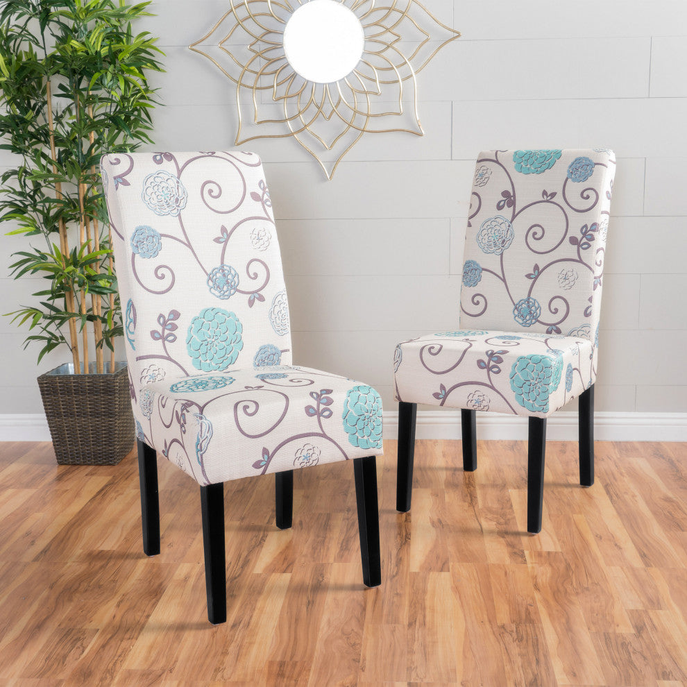 GDF Studio Percival White and Blue Floral Fabric Dining Chairs, Set of 2, White and Blue Floral, Fabric