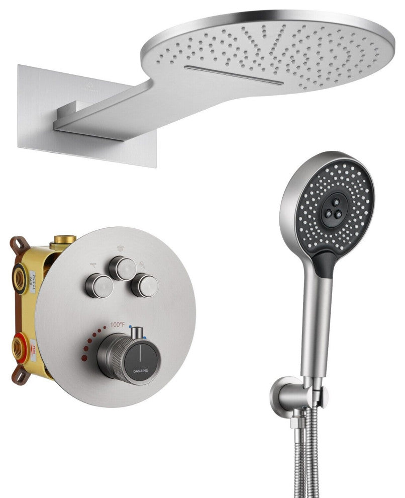 22" Luxury Shower System Set with 3 Way Thermostatic Faucet, Brushed Nickel