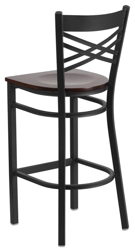 Black "X" Back Metal Restaurant Barstool, Walnut Wood Seat