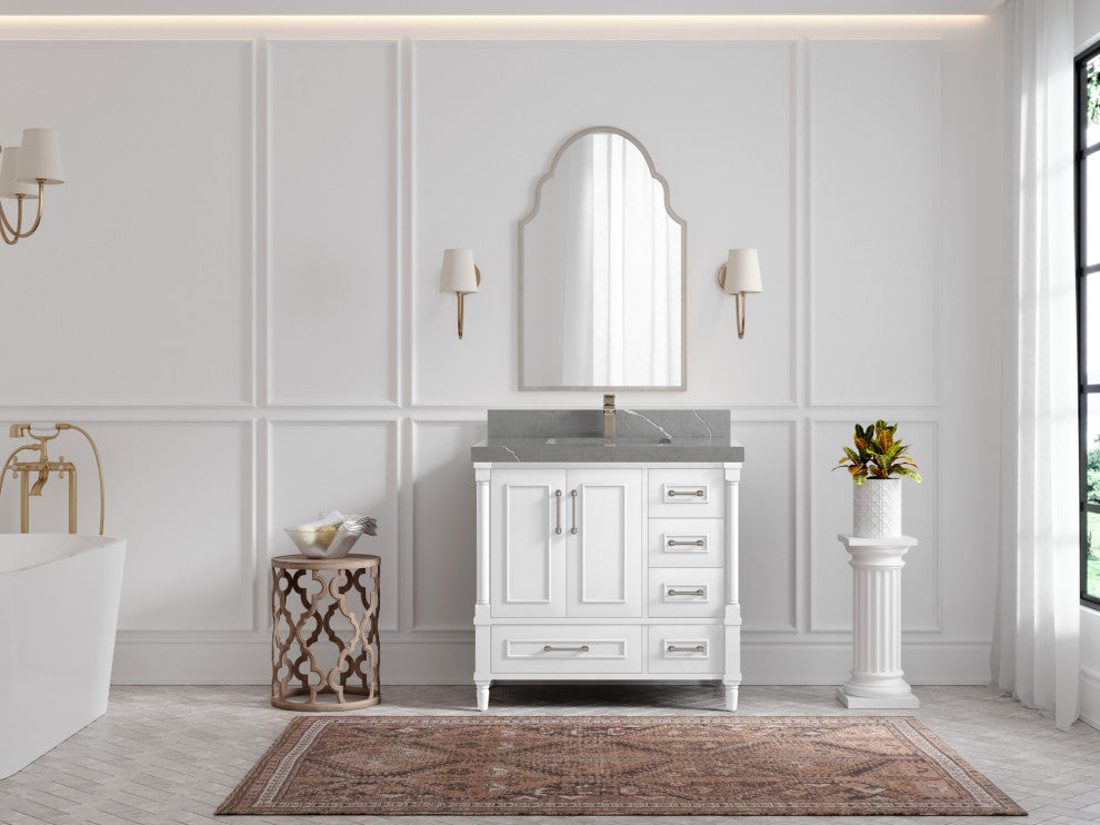 Aberdeen 36 Center Sink Bath Vanity in White 2" Piatra Gray