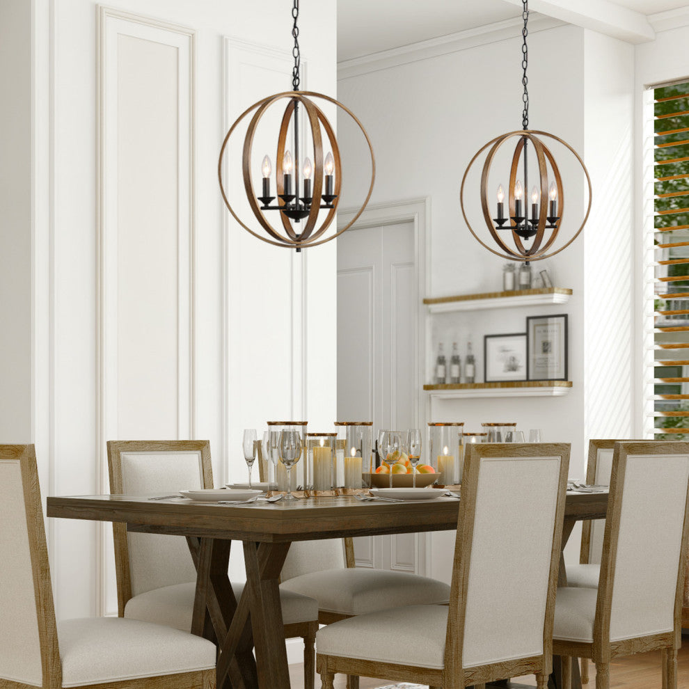 LNC Farmhouse Amtique Globe Brown Wood Chandelier for Kitchen Island, 4 Lights