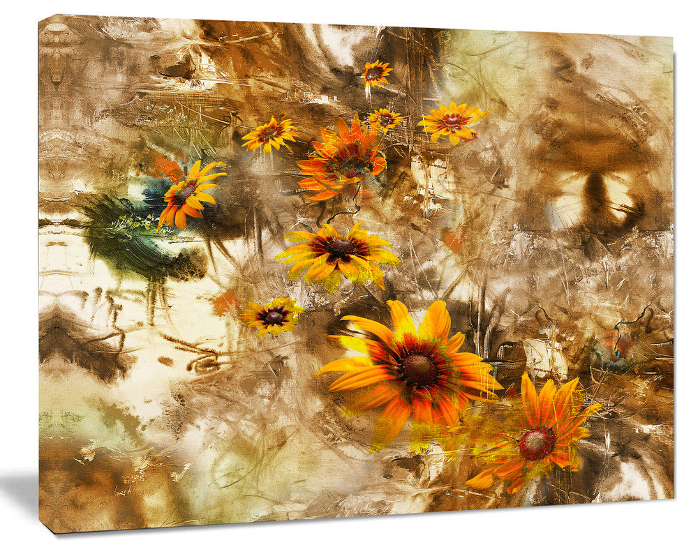 Yellow Flowers with Brown Background, Extra Large Floral Wall Art, 20"x12"