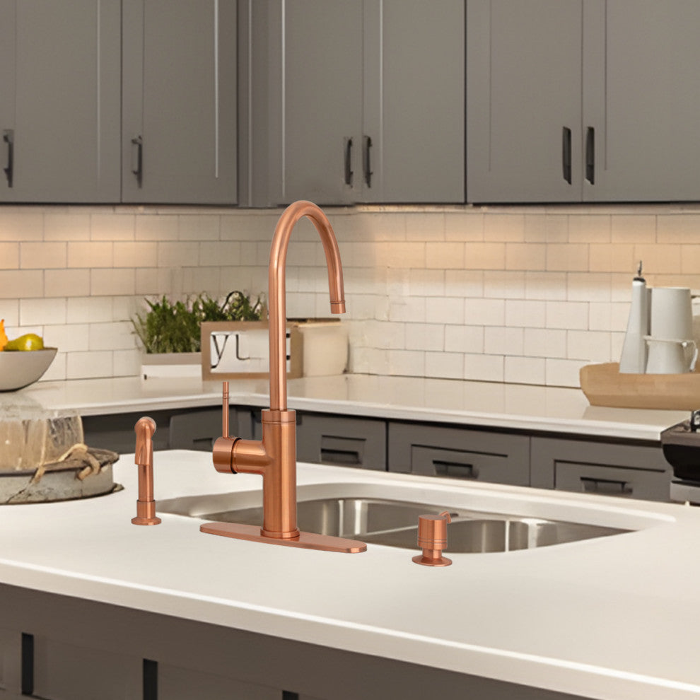 Akicon One-Handle Copper Widespread Kitchen Faucet, Side Sprayer, Copper