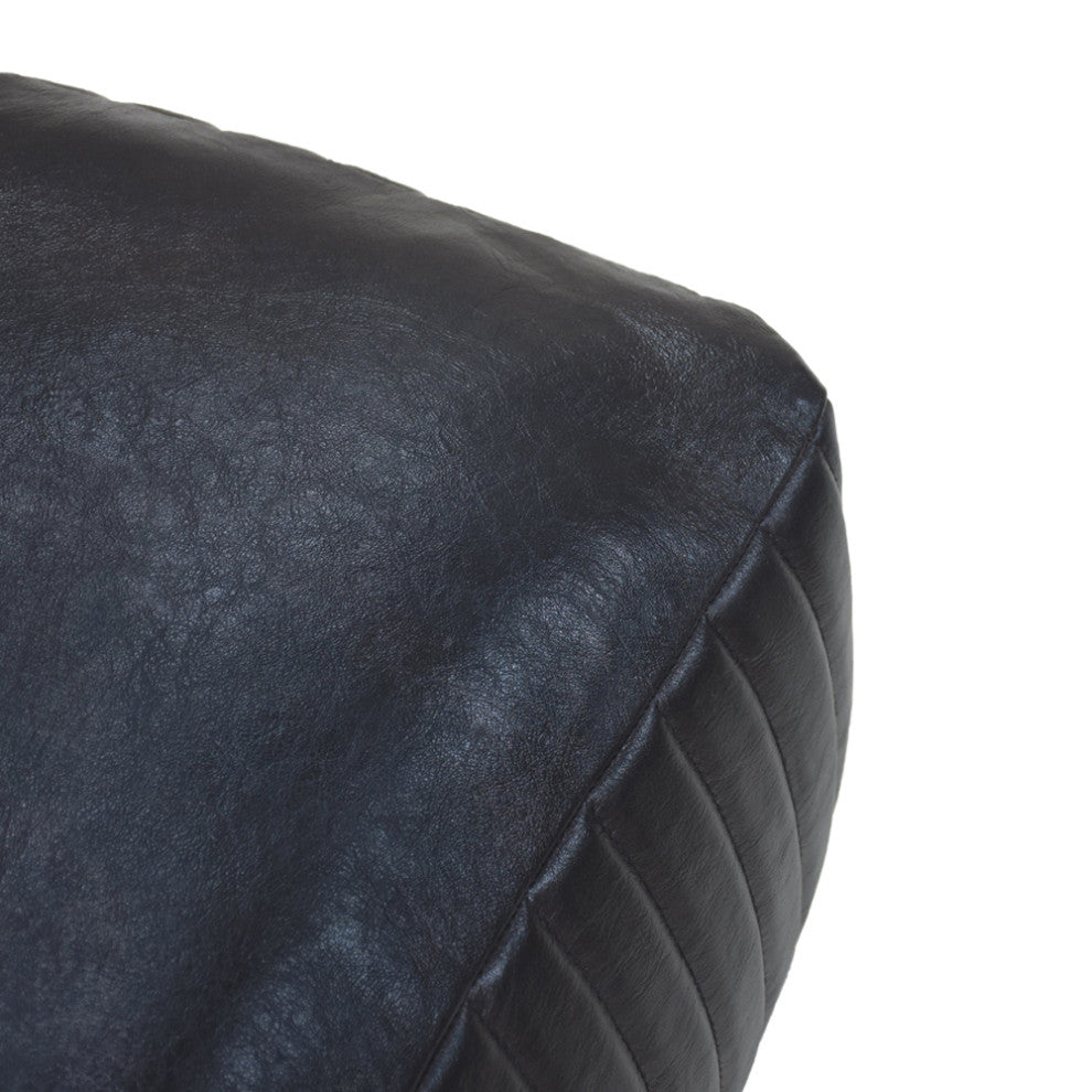 Poufs-Solid Handmade Goat Leather Pouf, Recycled Cotton Fill, Black, Square, 21x21x12