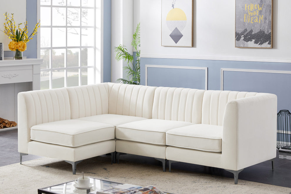 Alina Velvet Modular L-Shaped Modular Sectional, Cream, 4-Piece: 2 Armless Chair, 2 Corner Chair