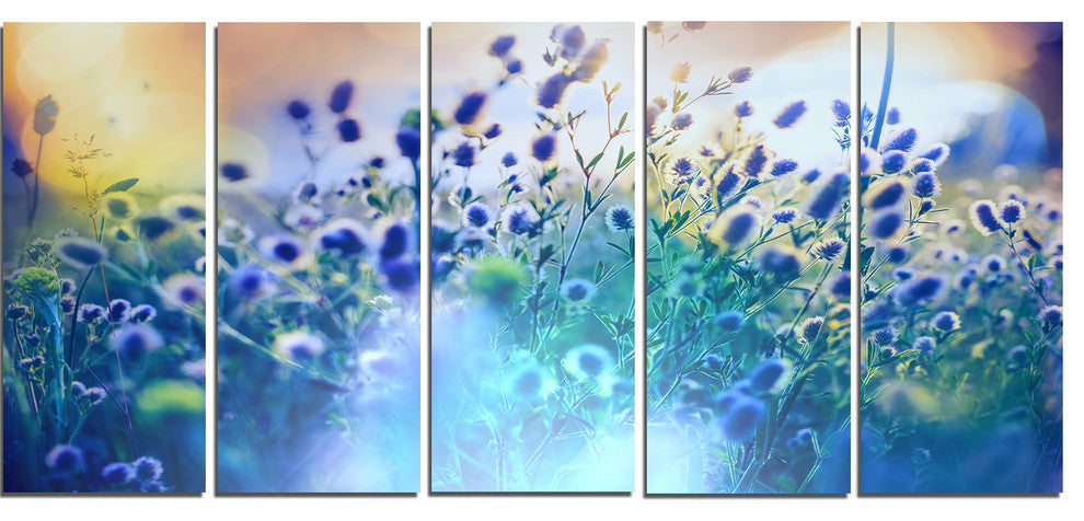 Blue Summer Flowers on Meadow, Floral Canvas Art Print, 60"x28", 5 Panels