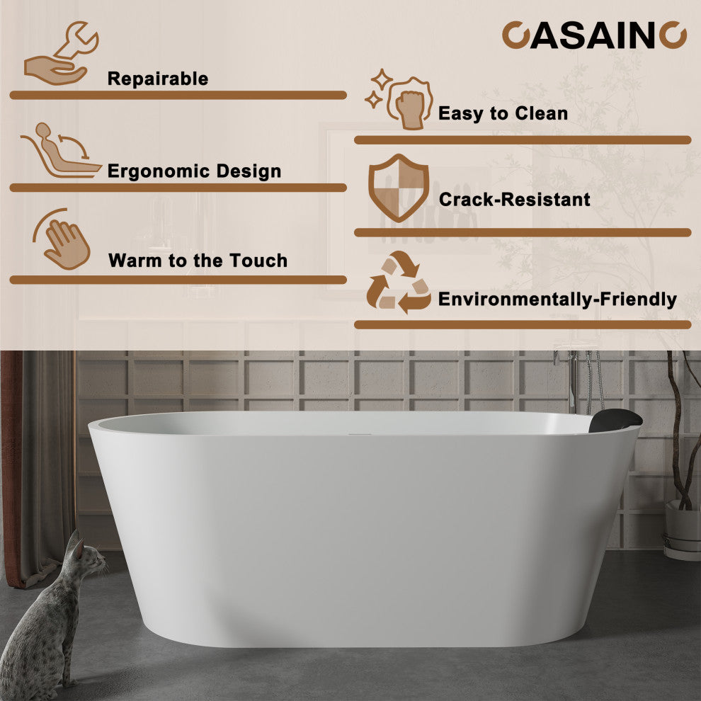 59in White Solid Surface Freestanding Soaking Bathtub with Drain, 59in