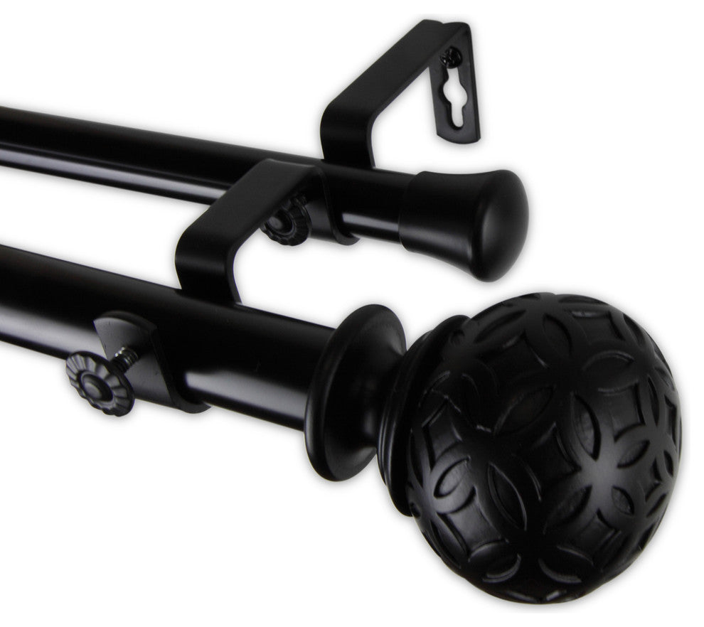 Plaid 1" Double Curtain Rod, Black, Black, 66"-120"