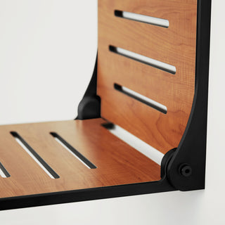 Silhouette Folding Wall Mount Shower Bench Seat, Teak Seat With Matte Black Frame