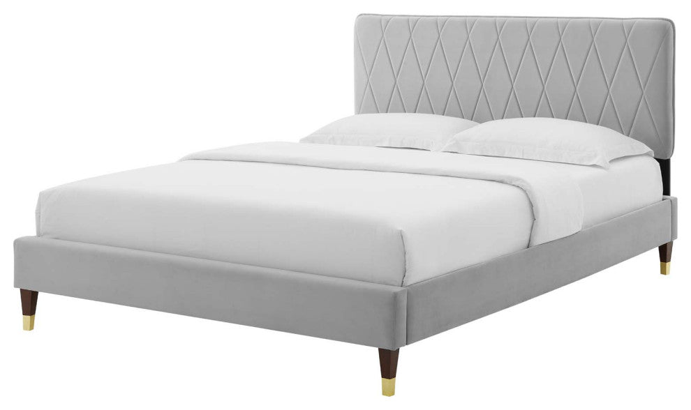 Platform Bed Frame, Queen Size, Velvet, Light Gray, Modern Contemporary