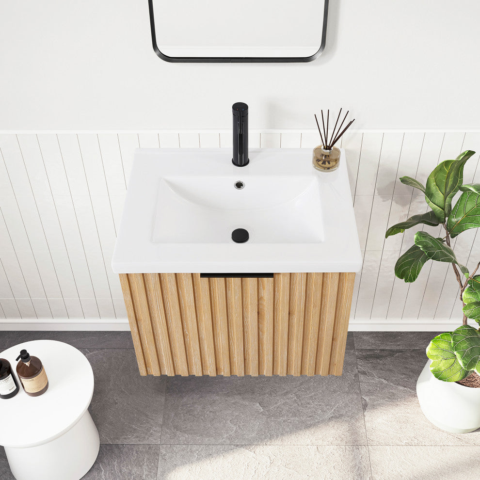 Manila Floating Vanity with Ceramic Basin Top without Mirror, Washed Ash Grey, 24", Single Vanity