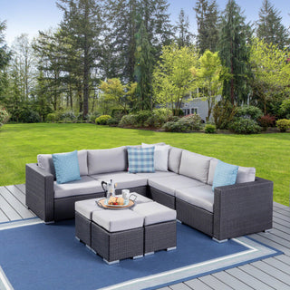 GDF Studio Tammy Rosa Outdoor 5 Seat Wicker Sectional Sofa Set, Gray/Silver