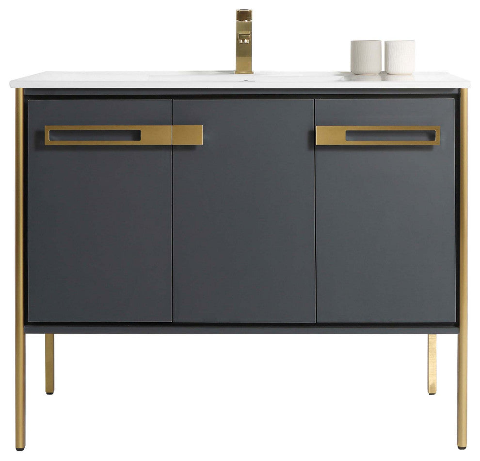 Oakville Bath Vanity, Ceramic Sink, Onix Grey, 42 Inch, Satin Brass Hardware