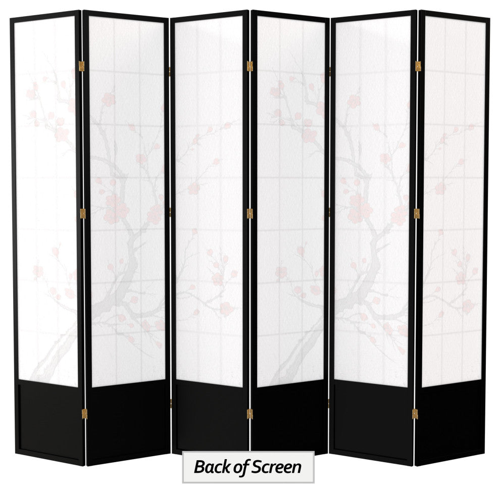 7' Tall Cherry Blossom Shoji Screen, Black, 6 Panels