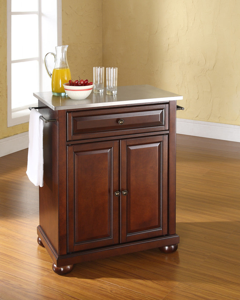 Alexandria Stainless Steel Top Portable Kitchen Island, Vintage Mahogany