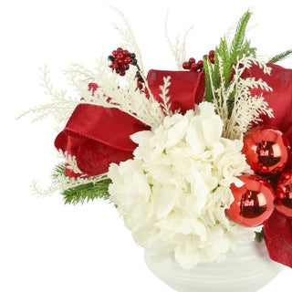 Hydrangea Holiday Arrangement with Bows and Ornaments in a Ceramic Pot