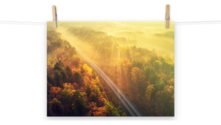 Sunrise Railroad Though Misty Forest Landscape Photo Loose Wall Art Prints, 12" X 16"