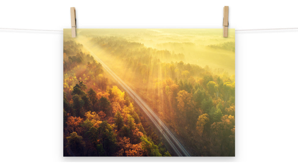 Sunrise Railroad Though Misty Forest Landscape Photo Loose Wall Art Prints, 12" X 16"