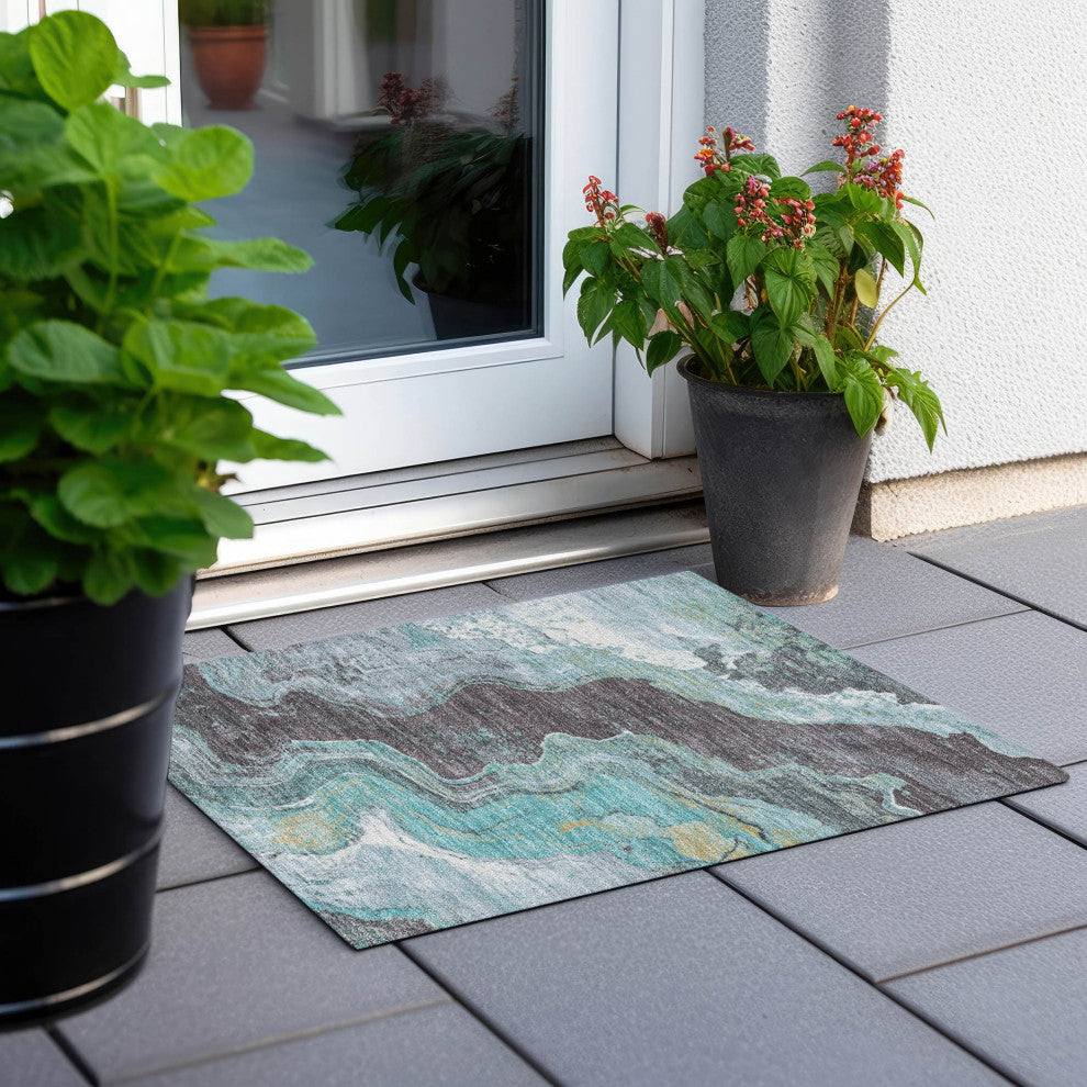 Machine Washable Indoor/Outdoor Chantille ACN1907 Teal 1'8" x 2'6" Rug