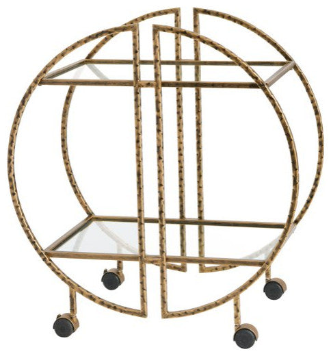 Modern Bar Cart, Unique Hammered Brass Finished Frame With 2 Glass Shelves