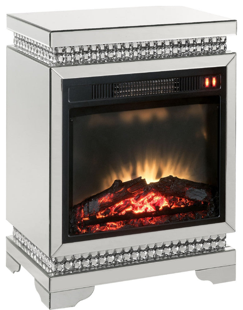 Benzara BM250304 Electric Fireplace, Mirror Panel Framing/Faux Diamonds Silver