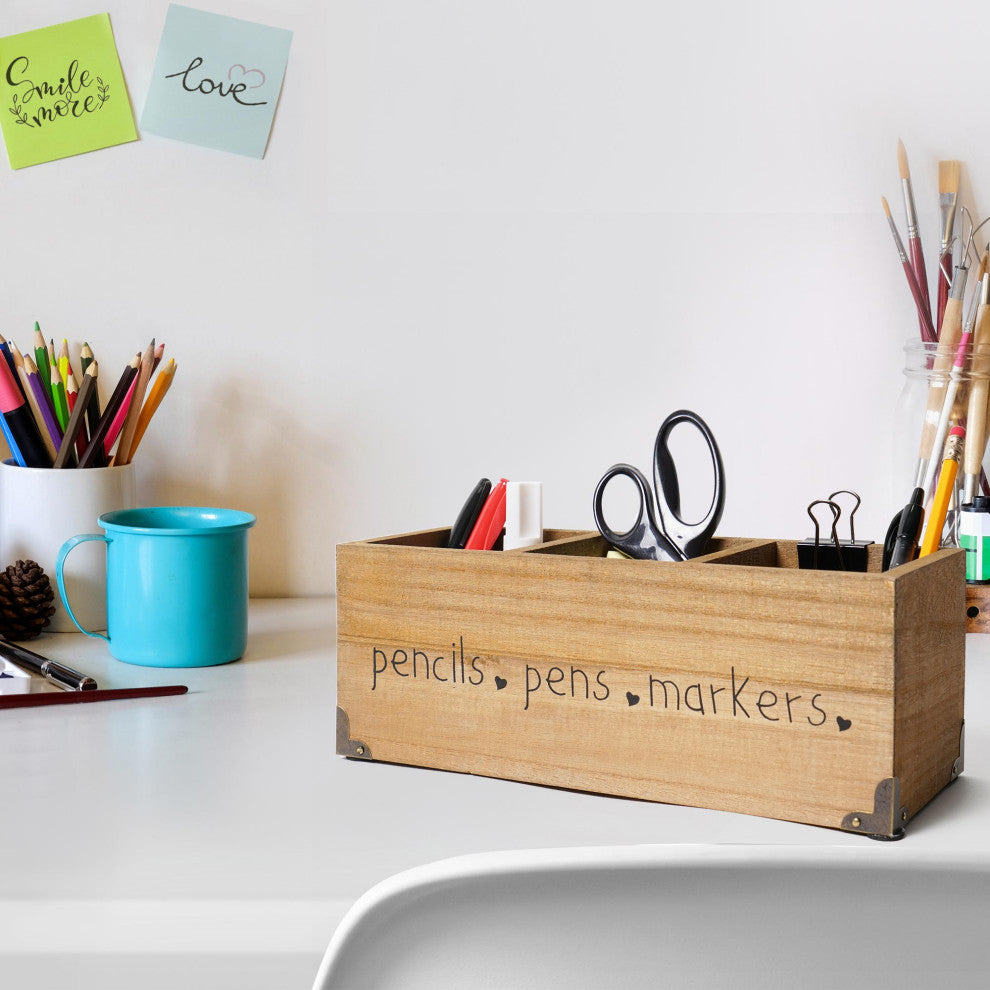 Addie Joy Pens, Pencils, Markers Rectangle 3-Opening Desk Organizer - Wood Wash
