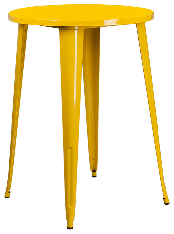 30" Round Yellow Metal Bar 5-Piece Table Set With 4 Square Seat Backless Stools
