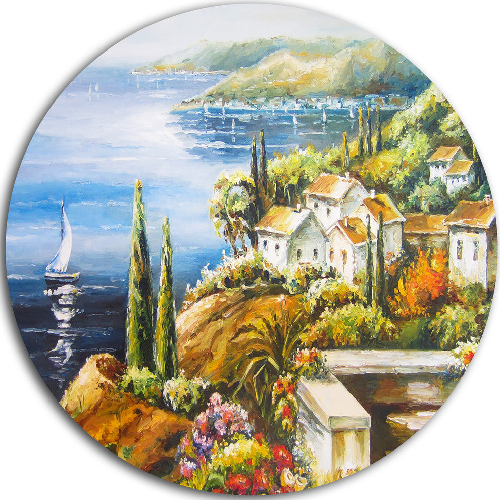 Sailing Boat Remote View, Seascape Painting Round Wall Art, 11"