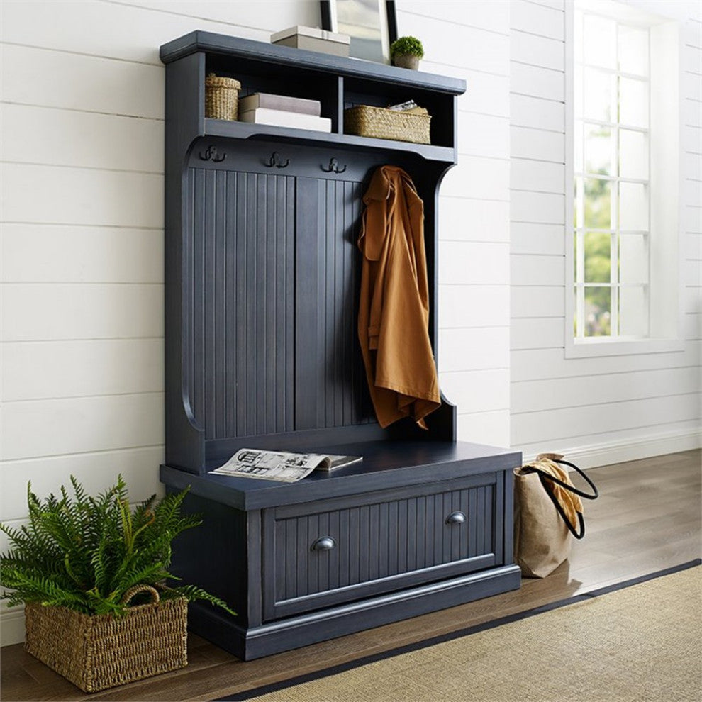 Crosley Furniture Seaside Wood 4 Hook Hall Tree in Distressed Navy