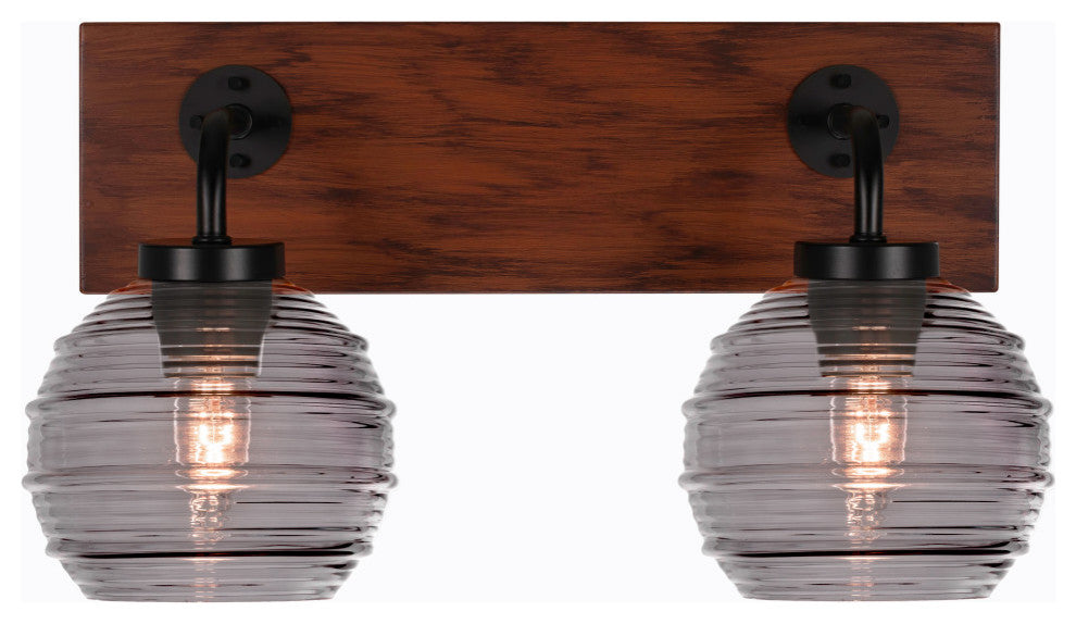 Oxbridge 2-Light Bath Bar, Matte Black & Painted Wood-look Metal/Smoke Ribbed