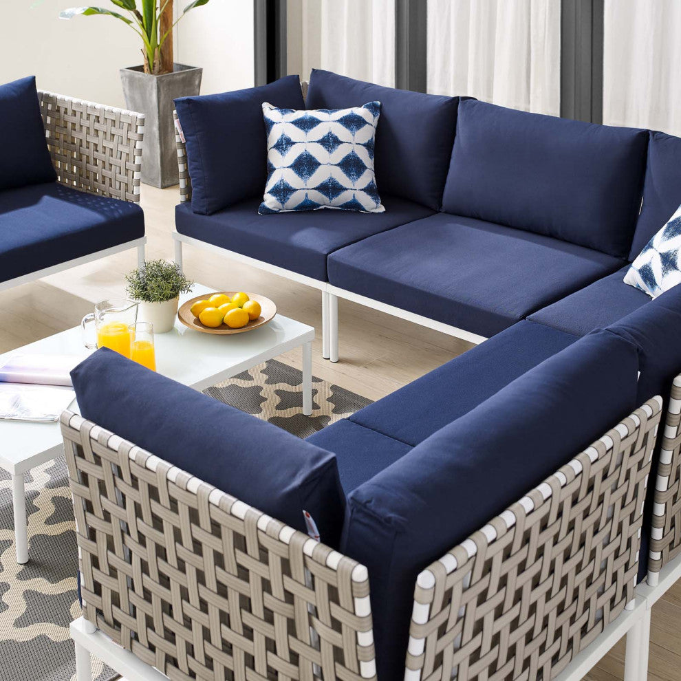Lounge Sectional Sofa Chair Table Set, Sunbrella, Aluminum, Blue Navy, Outdoor