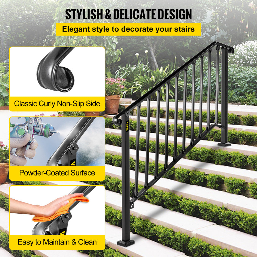 Wrought Iron Handrail Outdoor Stair Rail with Installation Kit, Black, Fit 4-5 Steps