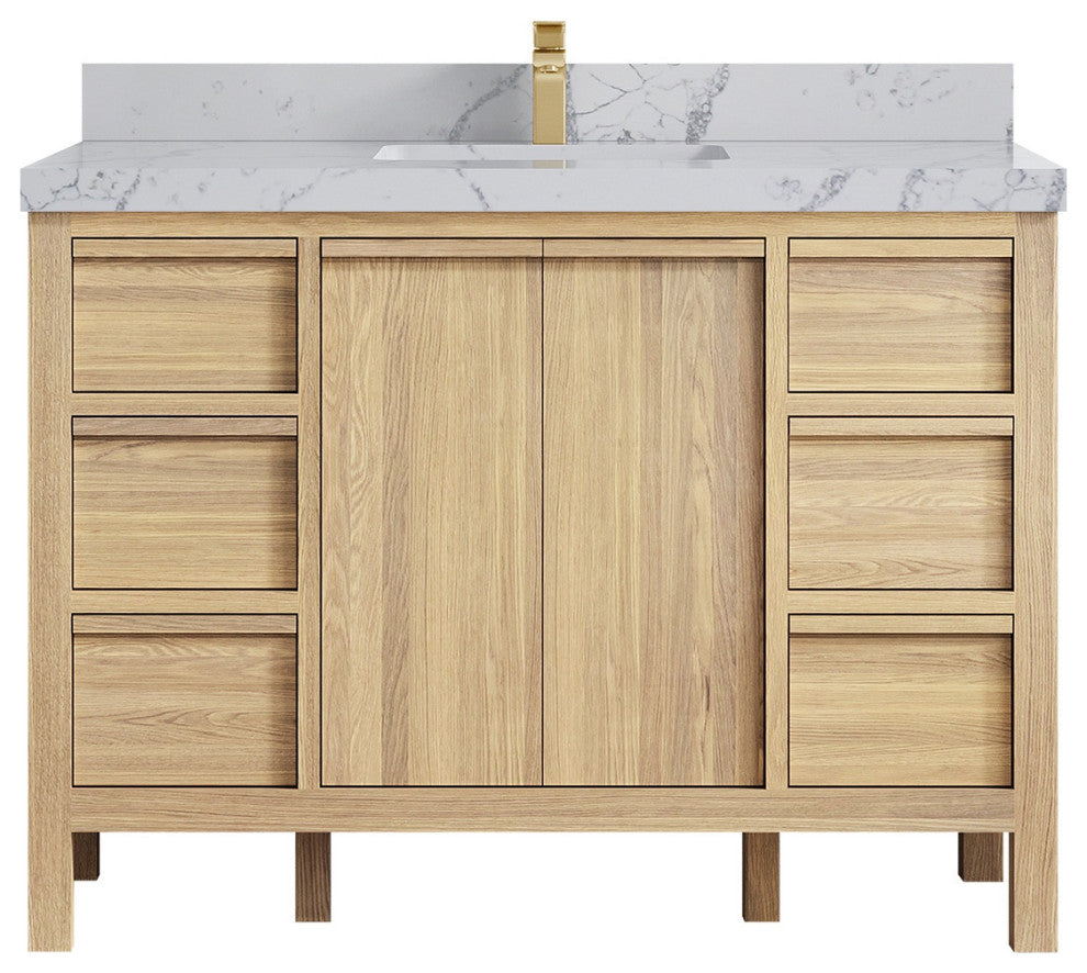 Elizabeth Oak 48" Single Sink Vanity, White 2" Venatino Quartz