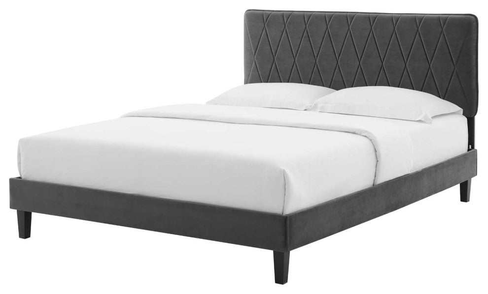 Platform Bed Frame, King Size, Velvet, Dark Gray, Modern Contemporary