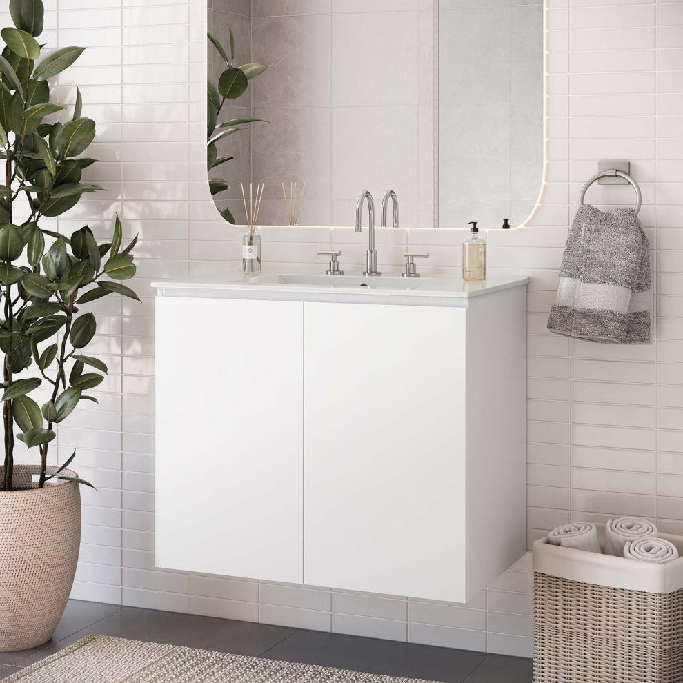 Sink Vanity Cabinet, Wall Mount, White, Ceramic, Modern, Hotel Bathroom