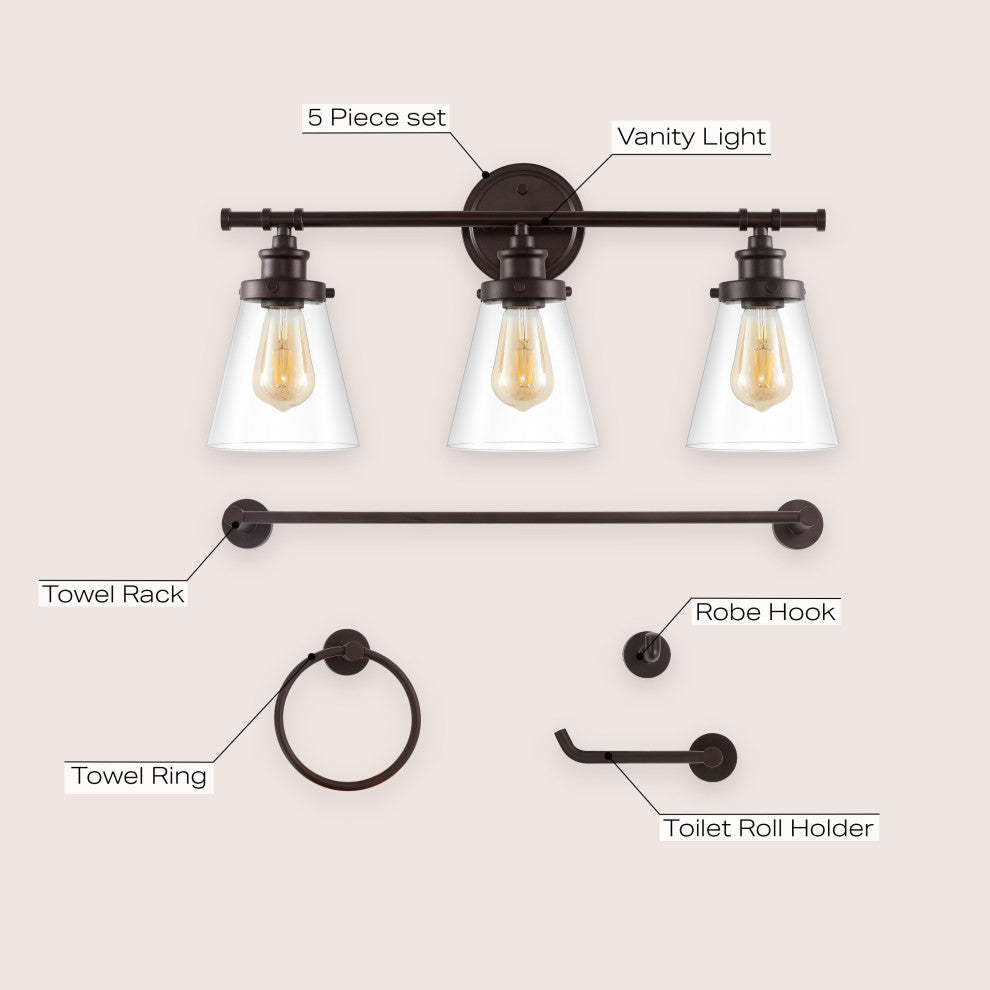 3-Light Traditional Vanity Light With Bathroom Hardware Accessory Set, 5-Piece