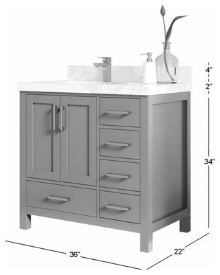 Malibu 36" Left Offset Bath Vanity in Fine Grain 1.5" Empira Quartz