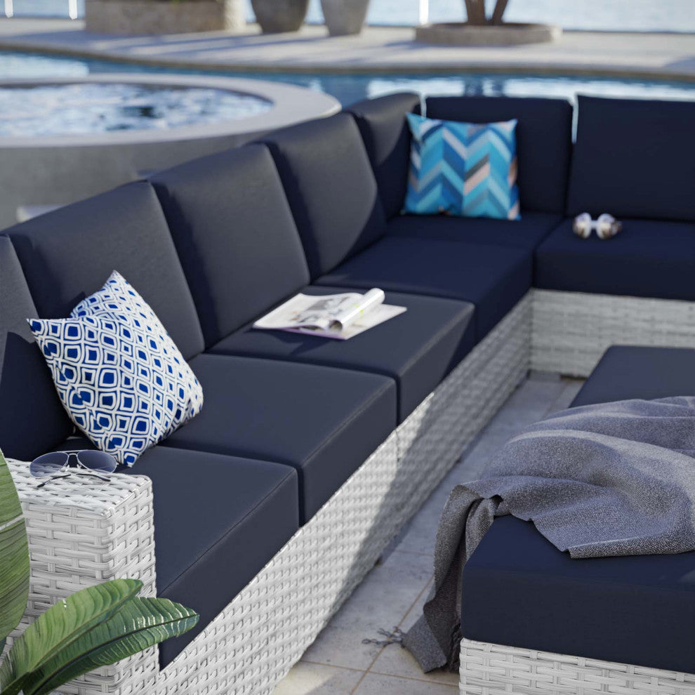 Lounge Sectional Sofa Chair Set, Rattan, Wicker, Gray Blue Navy, Outdoor