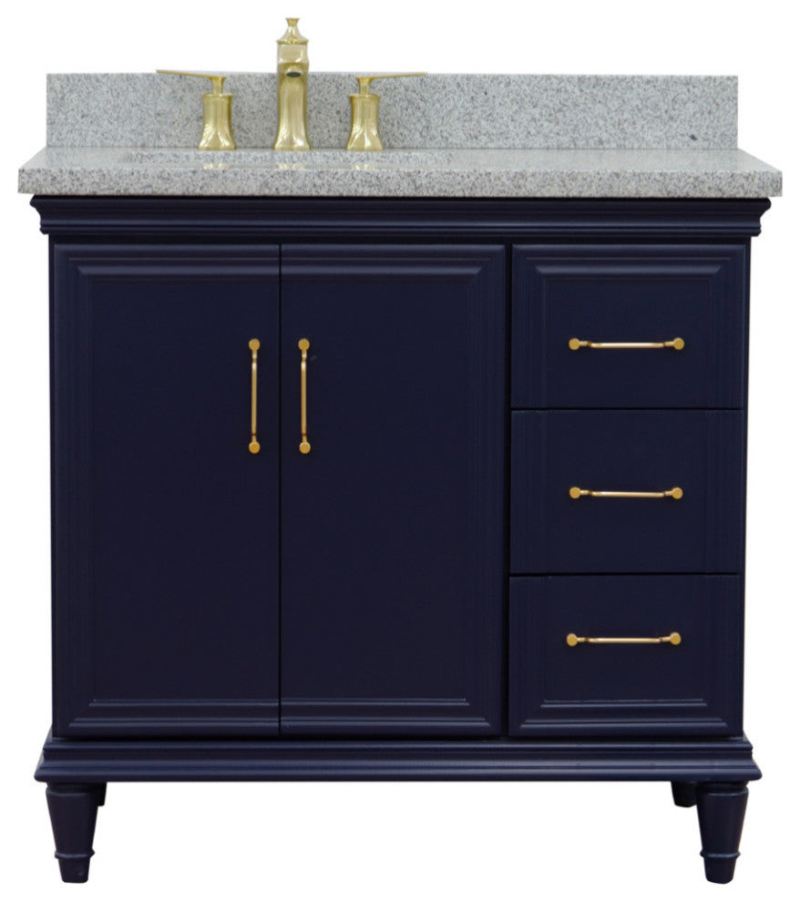 37" Single Vanity, Blue Finish With Gray Granite