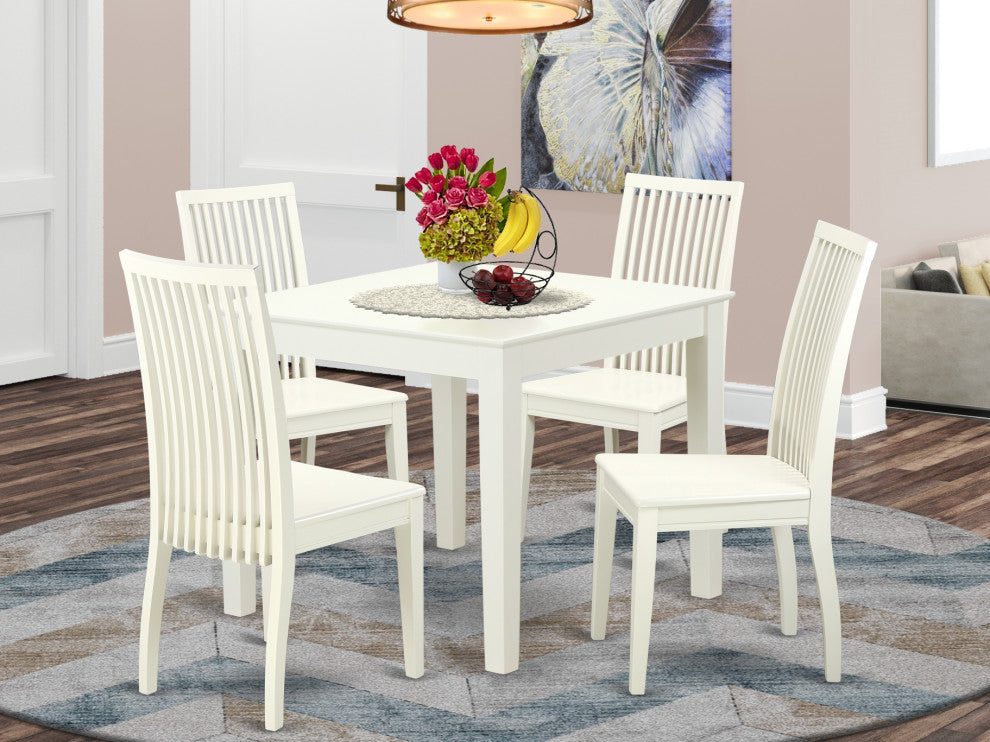 5-Piece Dinette Table Set - Table And 4 Wood Seat Dining Chairs In Linen White