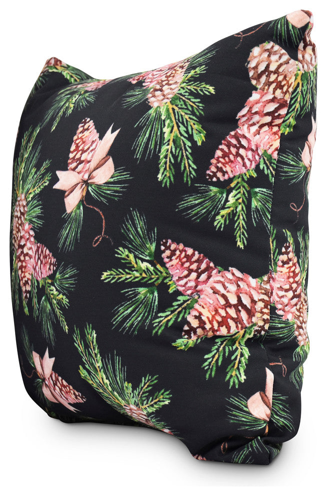 Greenery Black Holiday Print Decorative Outdoor Throw Pillow, 20"