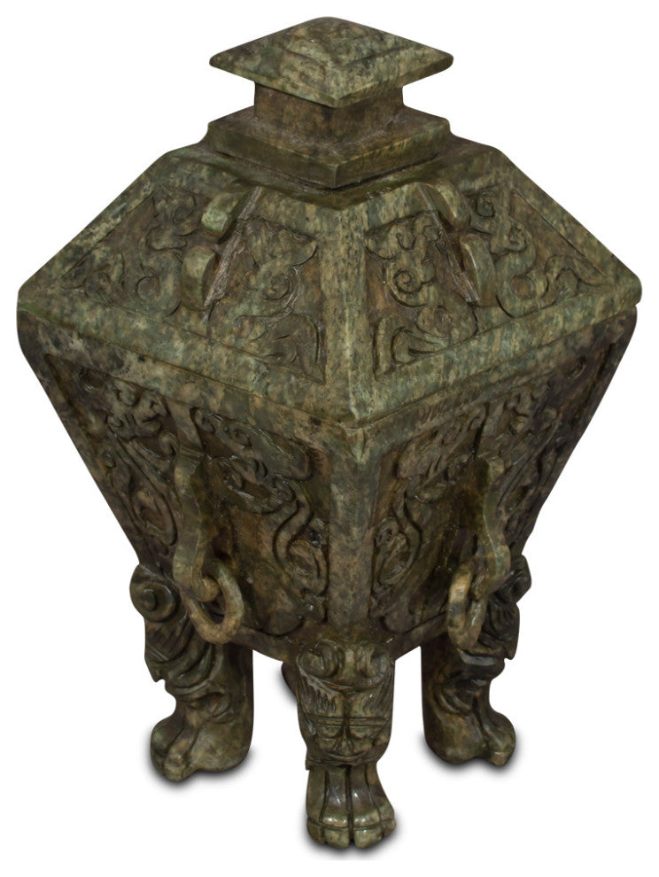 Hand Carved Geometric Jade Vessel with Removable Lid