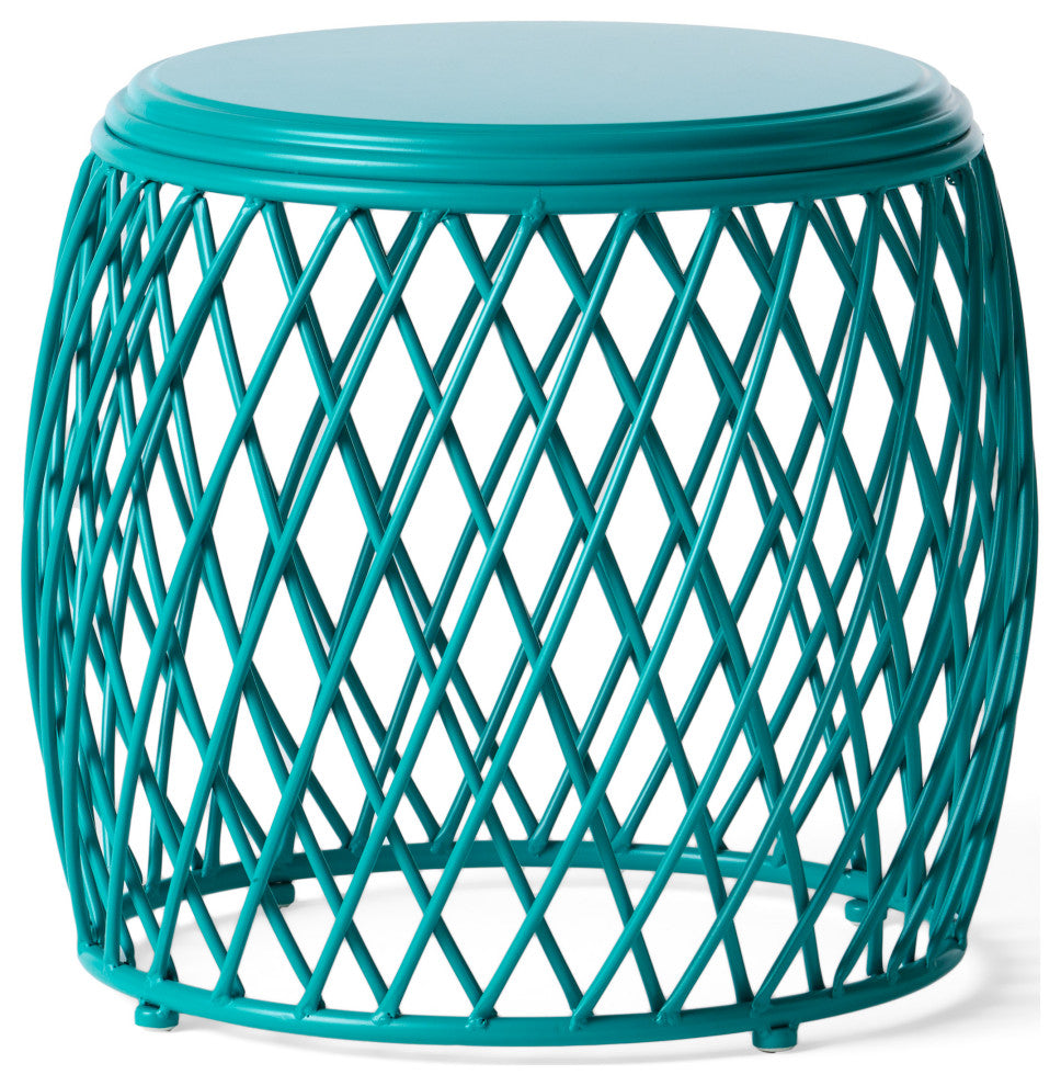 GDF Studio Alameda Outdoor 19" Diameter Lattice Iron Side Table, Matte Teal