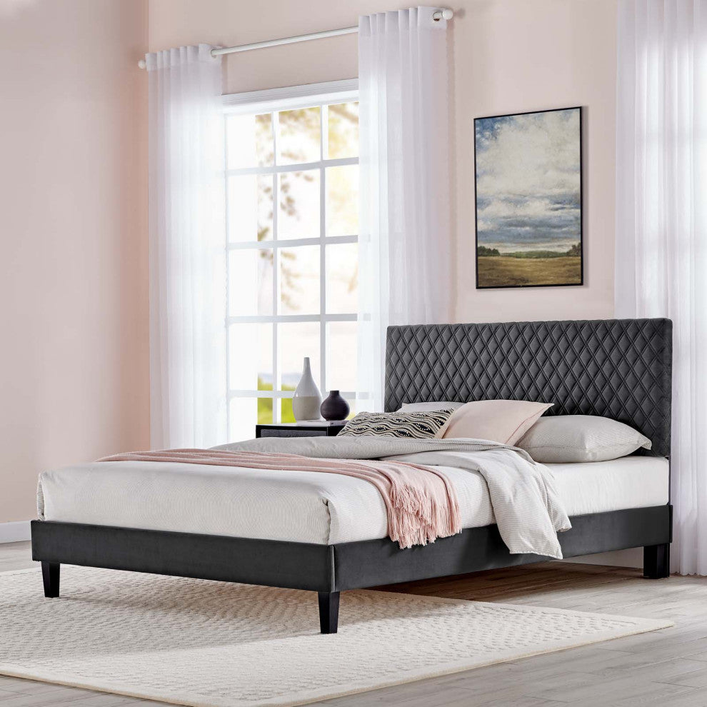 Platform Bed Frame, King Size, Charcoal Gray, Velvet, Modern, Guest Suite