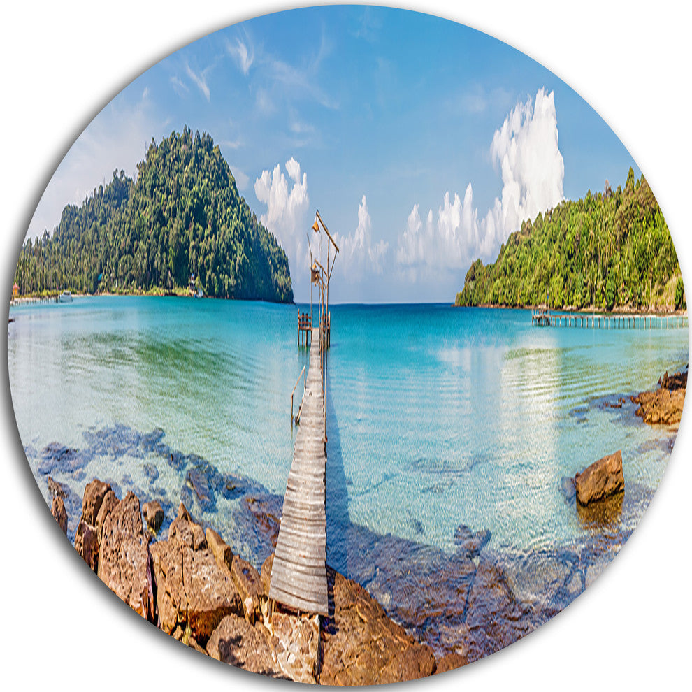 Pier To The Island Panorama, Landscape Photo Round Wall Art, 23"