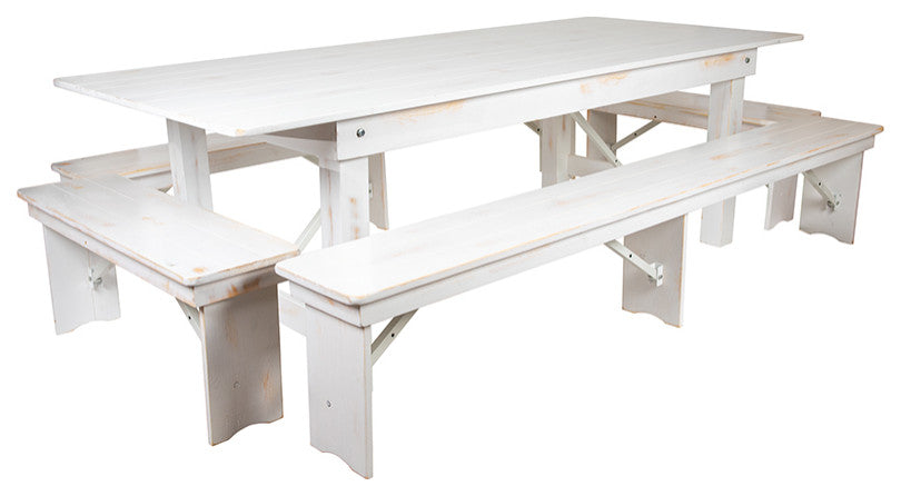 HERCULES Series 8' x 40'' Folding Farm Table and Four Bench Set, Antique White