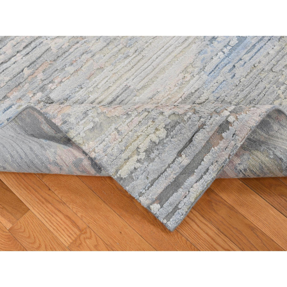Ivory Pure Silk Collection Hand Knotted Modern Design Oriental Rug 8'x10'6"