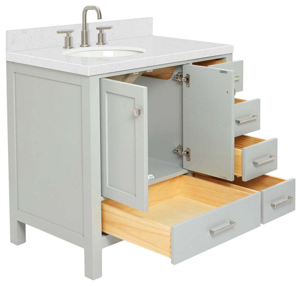 Ariel Cambridge 36" Left Offset Single Oval Sink Vanity, Carrara Quartz, Gray