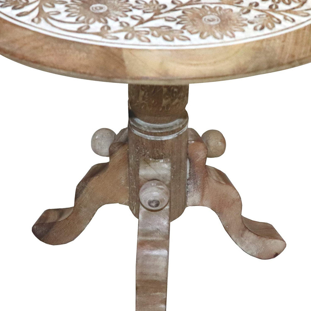 Benzara UPT-209567 Round Top Side End Table with Pedestal Base, Brown & White